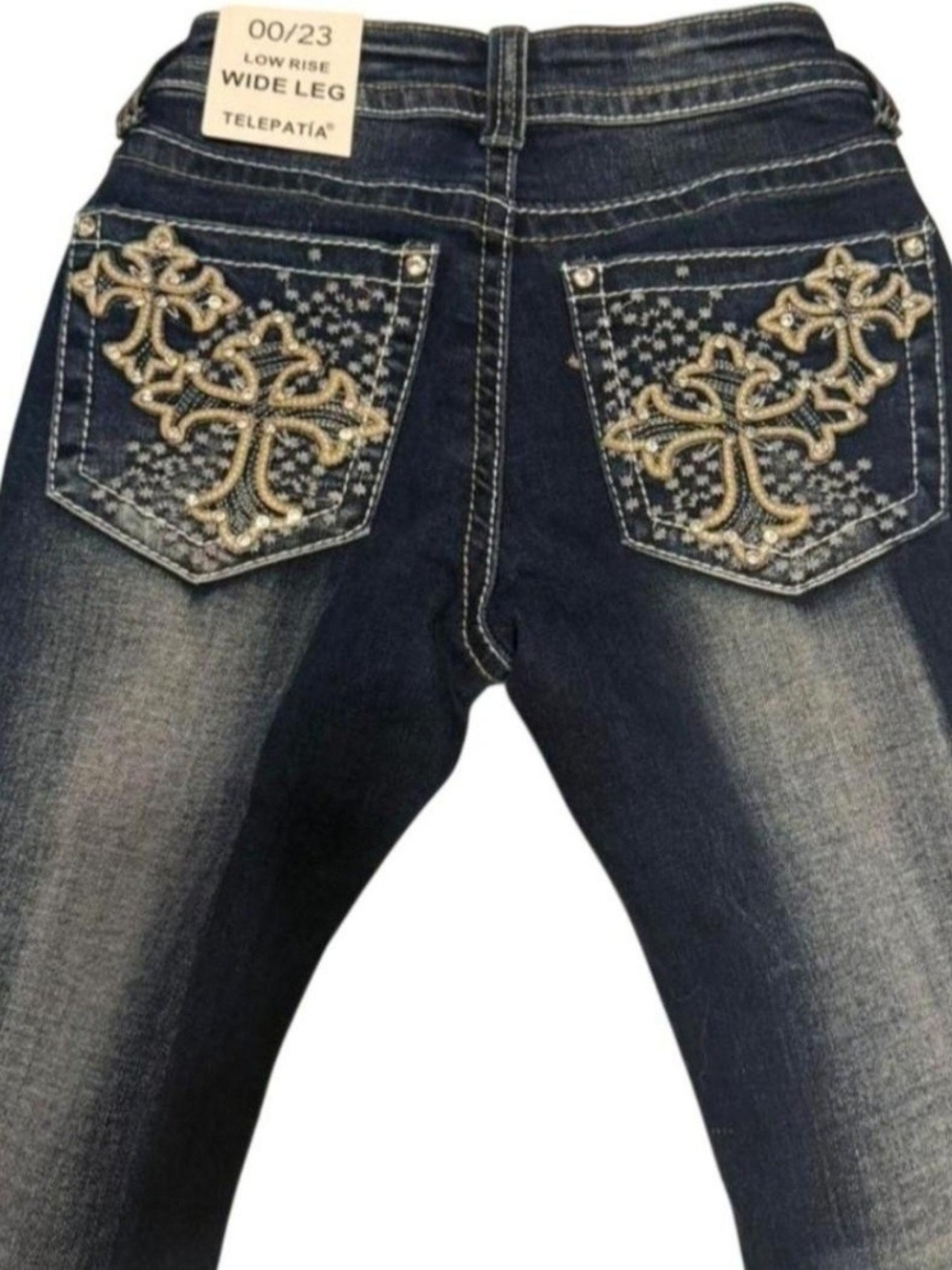Telepatía Women's Low-Rise Bootcut Jeans in Dark Blue with Embroidered Pockets
